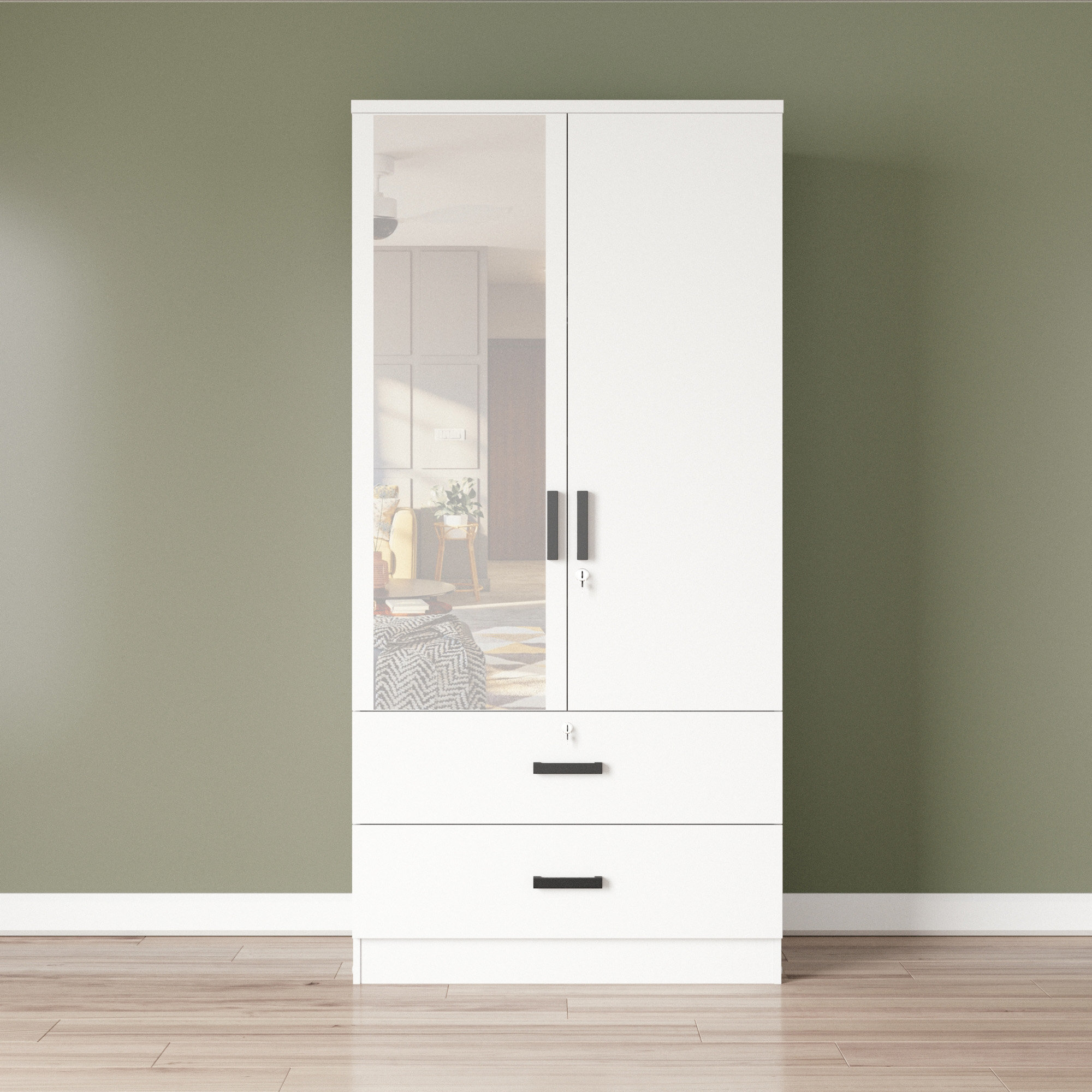 Dragone Mirrored 2 Door Wardrobe 2 Drawers Ebern Designs Color Natural Oak